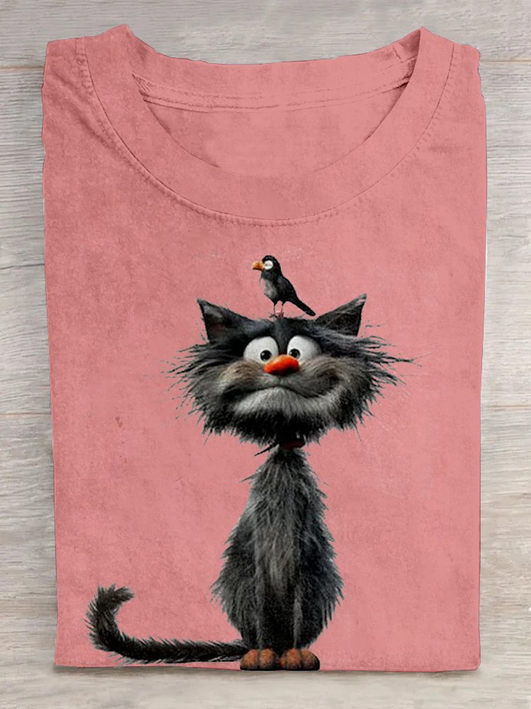 Casual Cat Loose Crew Neck T-Shirt