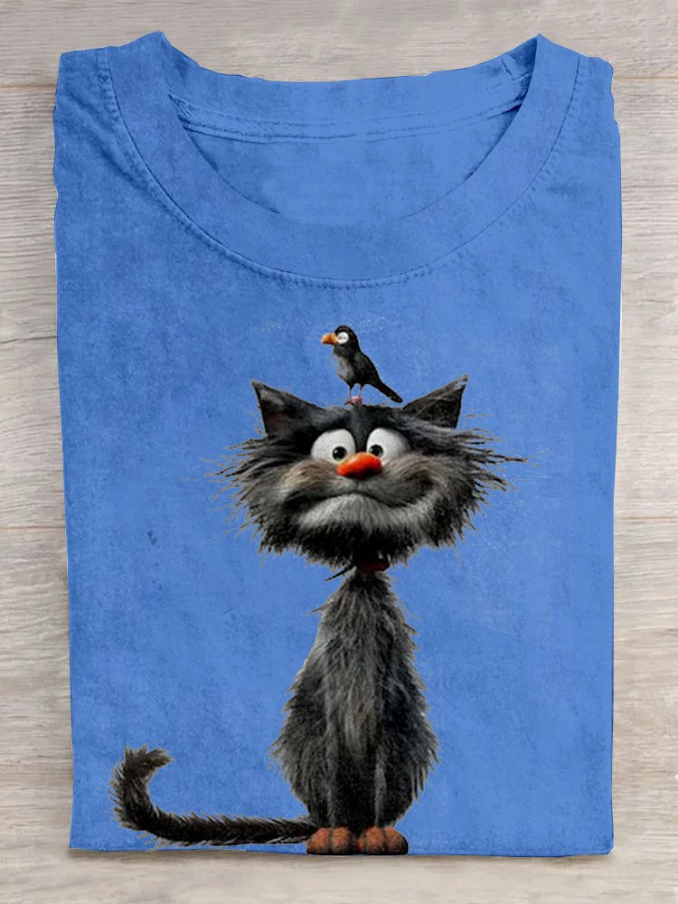 Casual Cat Loose Crew Neck T-Shirt