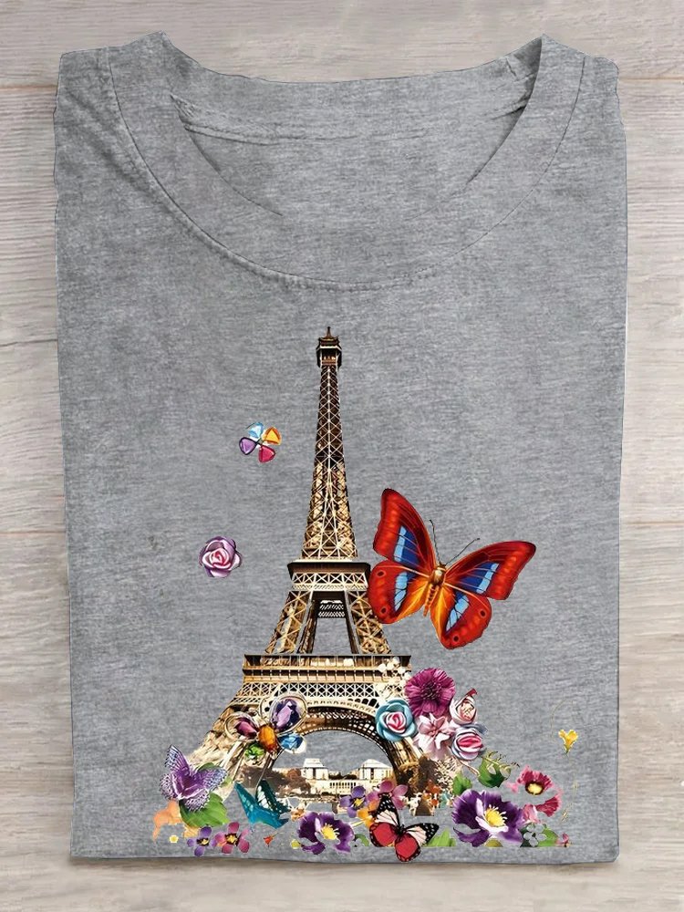 Loose Cotton Paris Crew Neck Casual T-Shirt