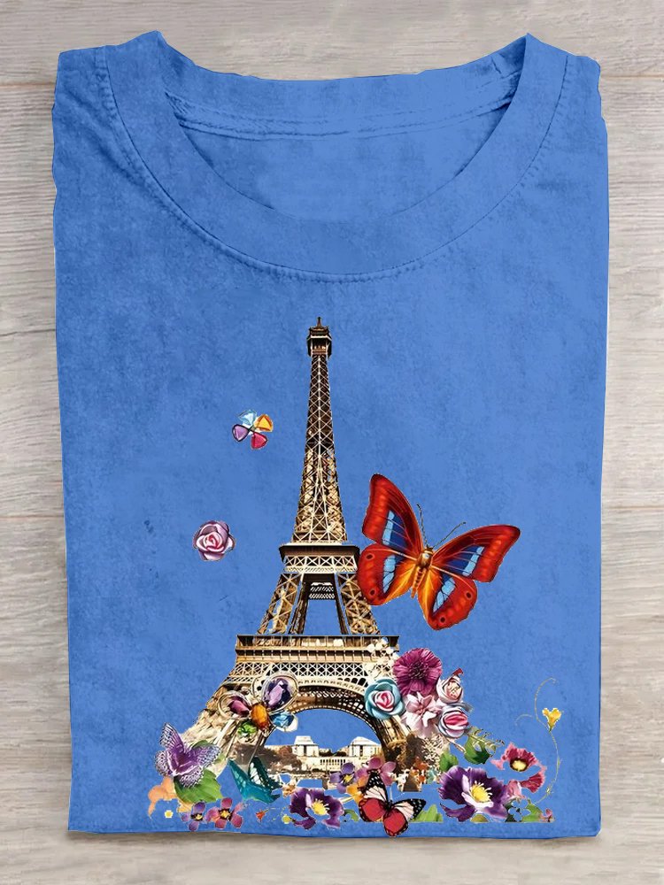 Loose Cotton Paris Crew Neck Casual T-Shirt