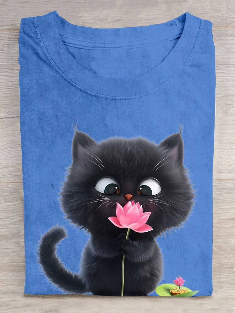 Crew Neck Cat Cotton Casual T-Shirt