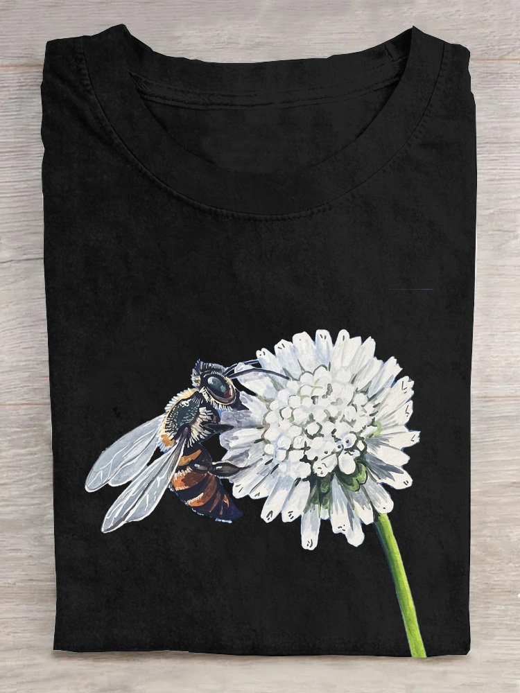 Floral Bee Casual Crew Neck T-Shirt