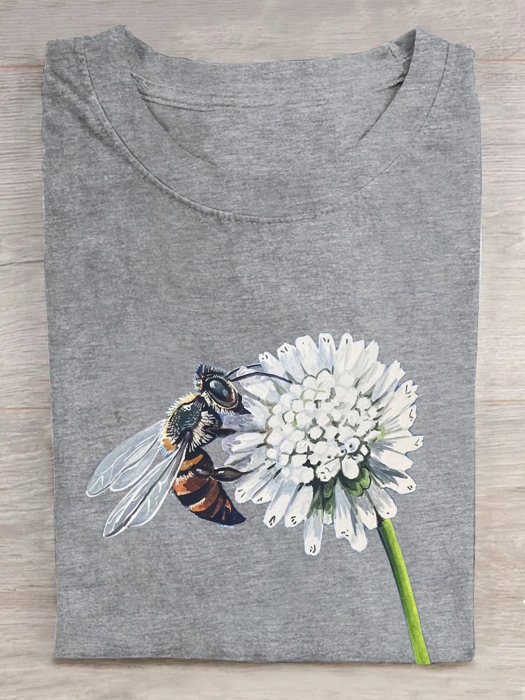 Floral Bee Casual Crew Neck T-Shirt