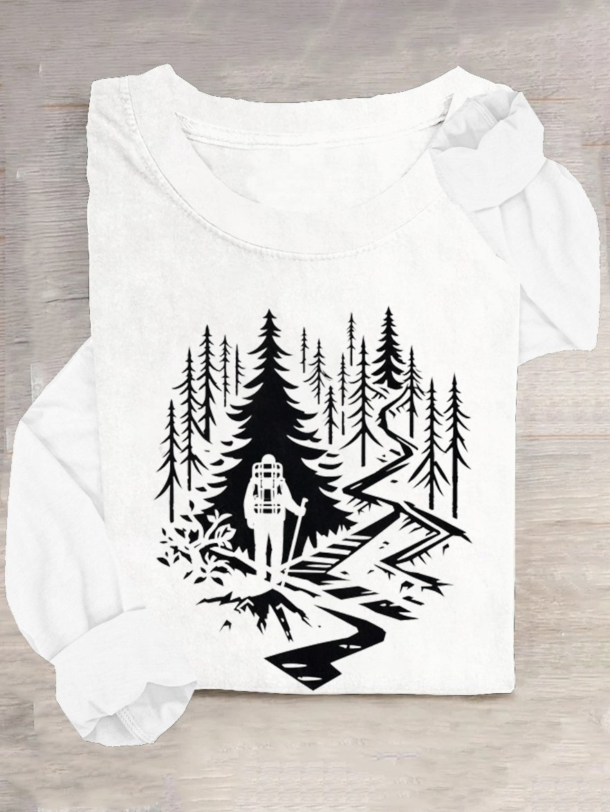 Loose Casual Landscape Print Cotton-Blend T-Shirt