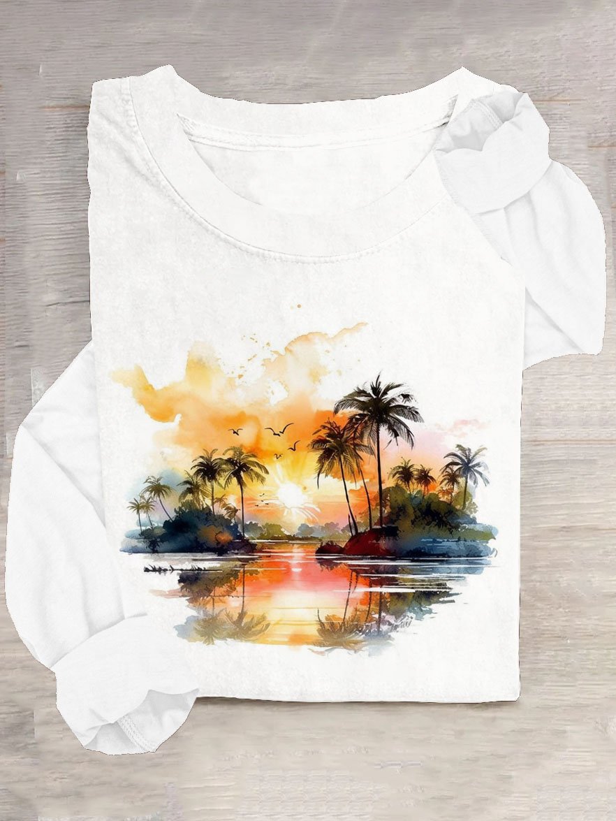 Casual Scenery Loose Cotton-Blend T-Shirt