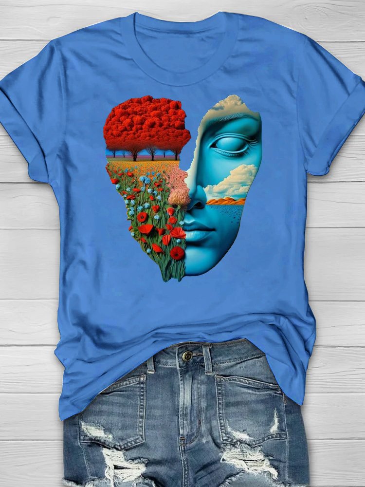 Cotton Casual Face Landscape Print Crew Neck T-Shirt