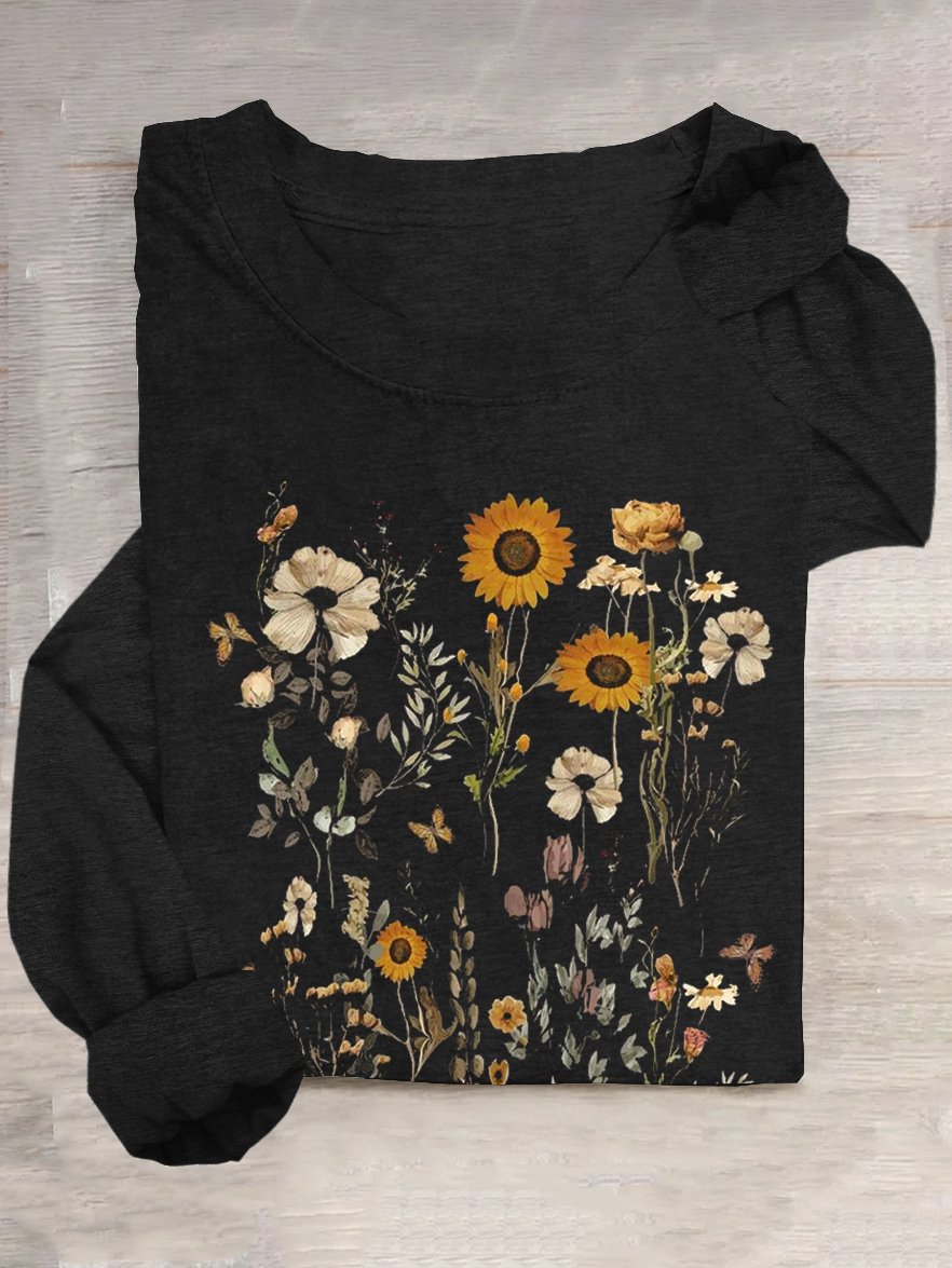 Cotton-Blend Crew Neck Floral Casual T-Shirt