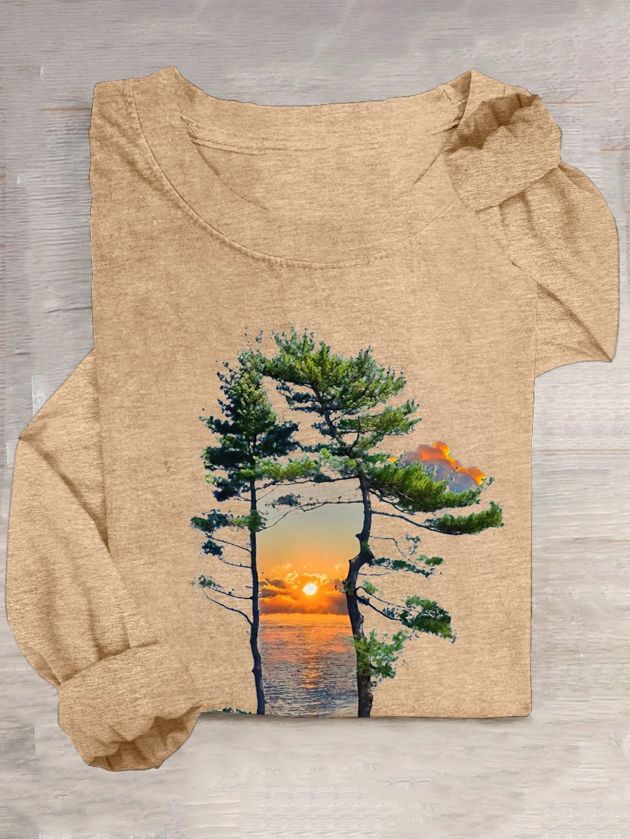 Casual Loose Cotton-Blend Scenery T-Shirt