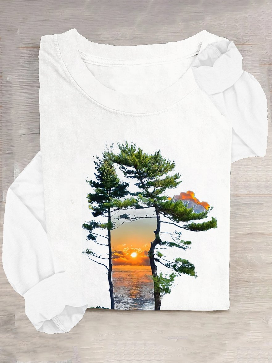 Casual Loose Cotton-Blend Scenery T-Shirt