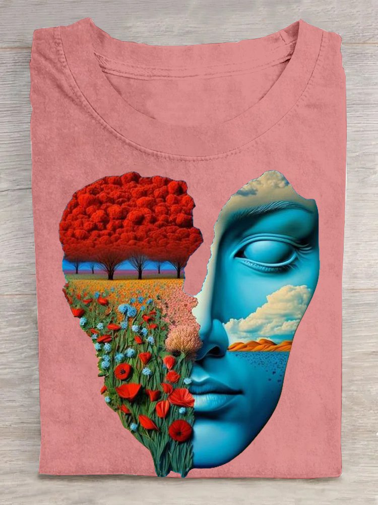 Cotton Casual Face Landscape Print Crew Neck T-Shirt