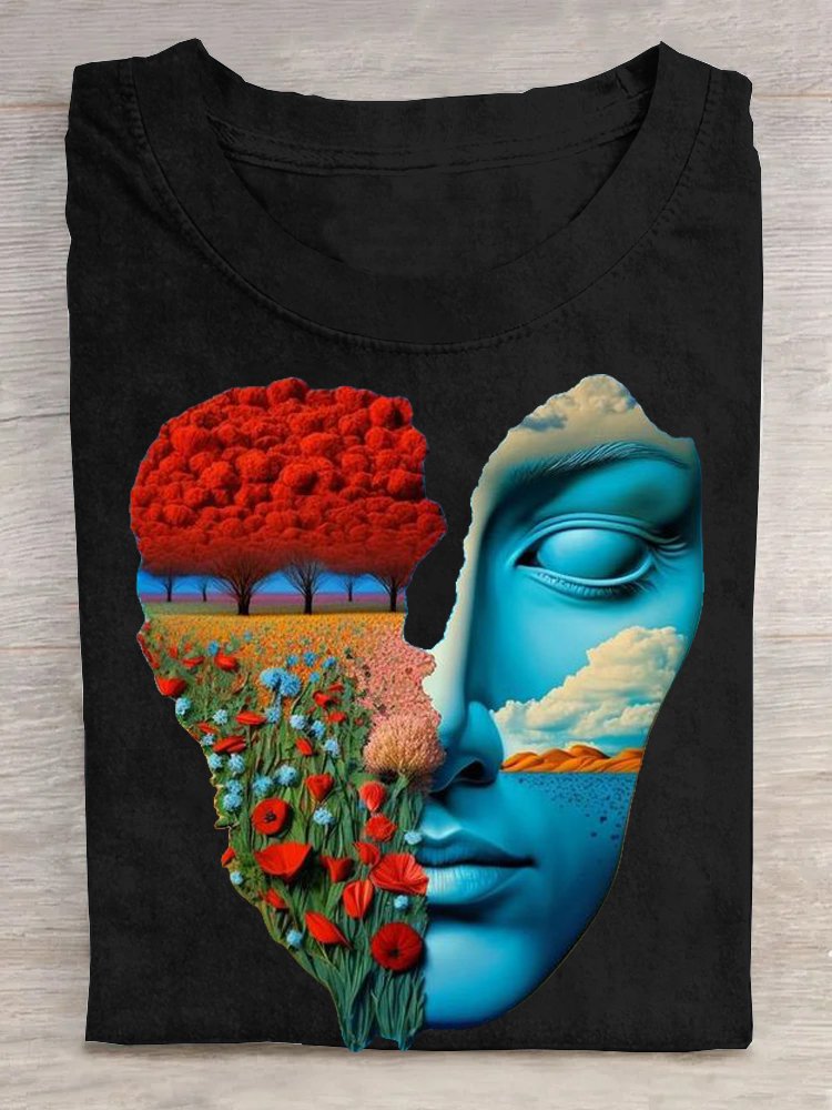 Cotton Casual Face Landscape Print Crew Neck T-Shirt