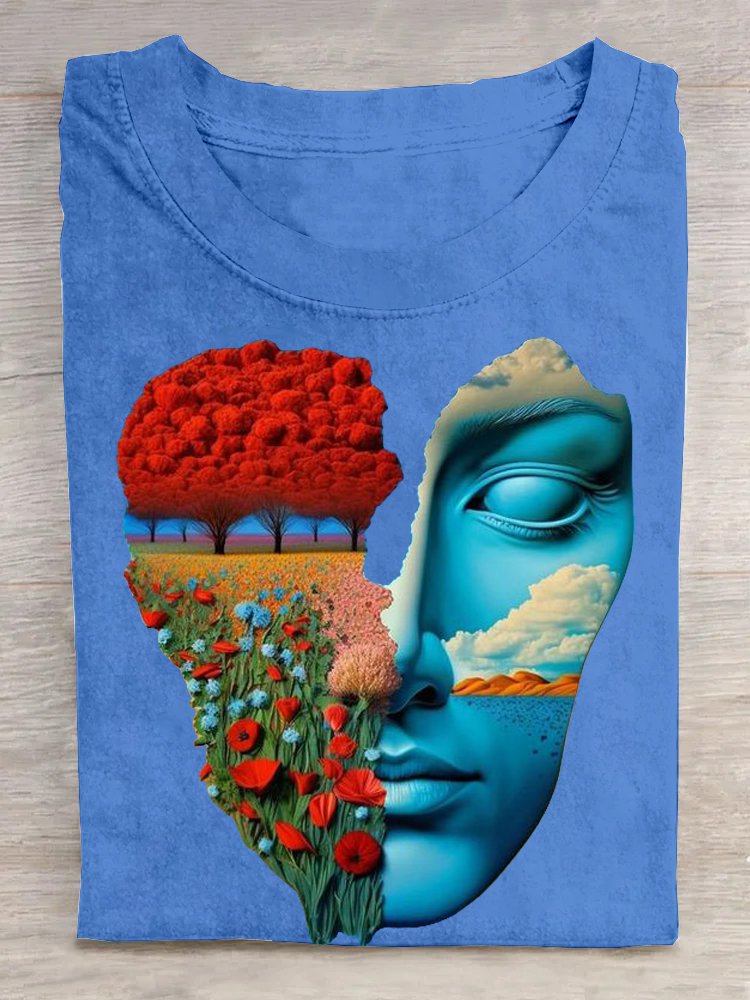 Cotton Casual Face Landscape Print Crew Neck T-Shirt