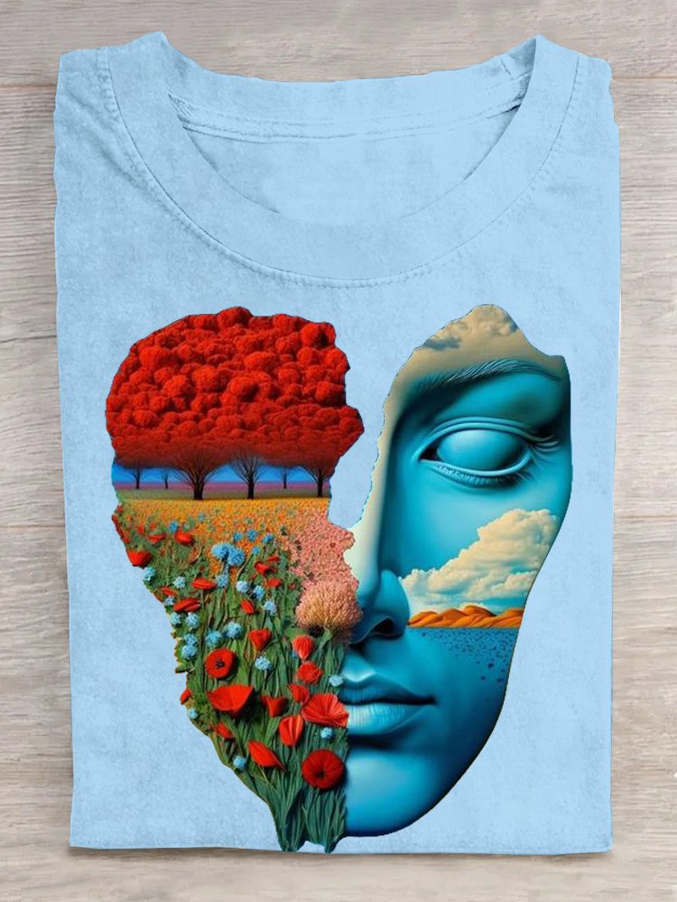 Cotton Casual Face Landscape Print Crew Neck T-Shirt