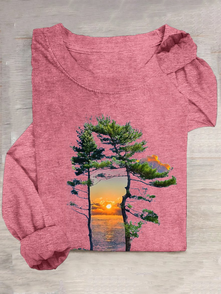 Casual Loose Cotton-Blend Scenery T-Shirt