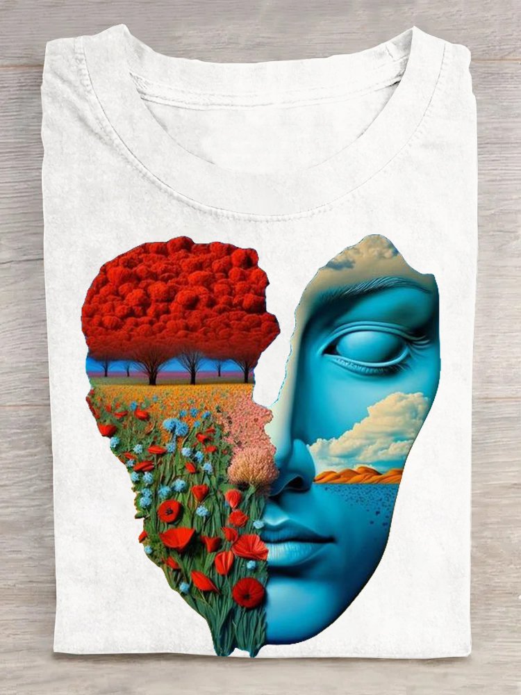 Cotton Casual Face Landscape Print Crew Neck T-Shirt