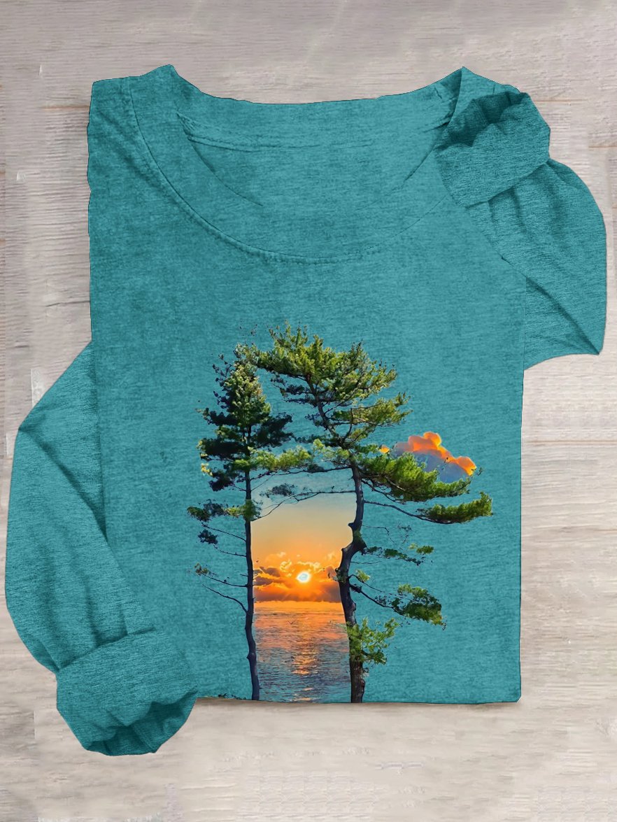 Casual Loose Cotton-Blend Scenery T-Shirt