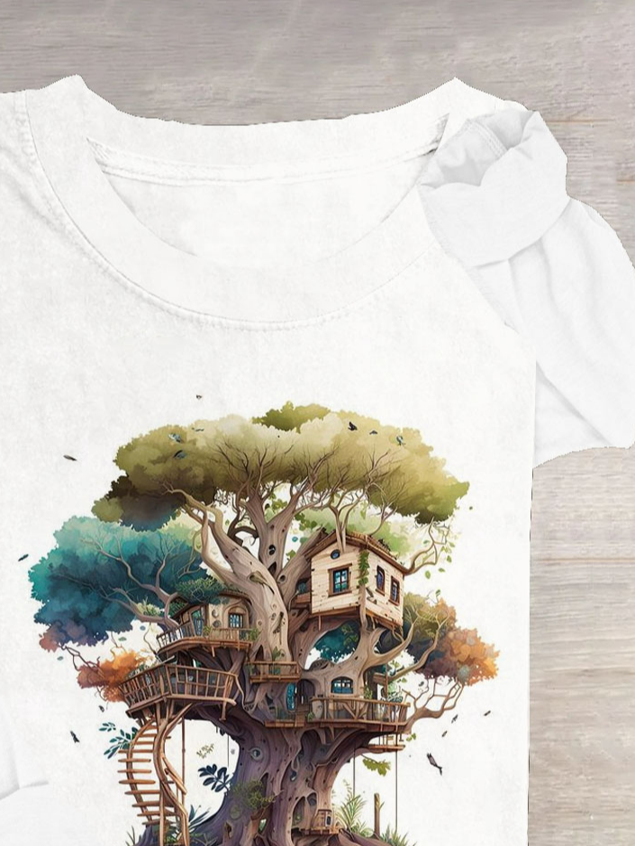 Loose Tree Cotton-Blend Casual T-Shirt