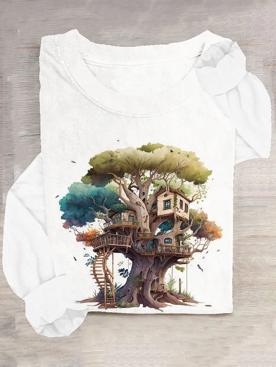 Loose Tree Cotton-Blend Casual T-Shirt