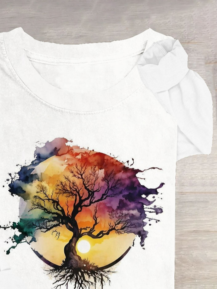 Loose Cotton-Blend Tree Casual T-Shirt