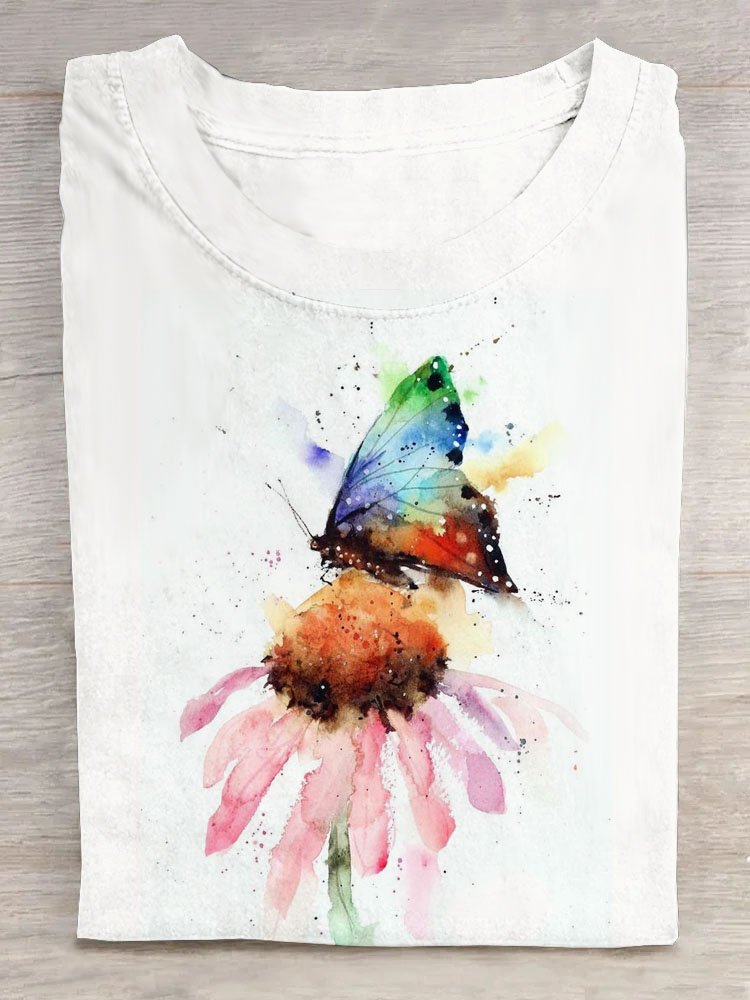 Butterfly With Floral Printed Casual Cotton-Blend Loose T-Shirt