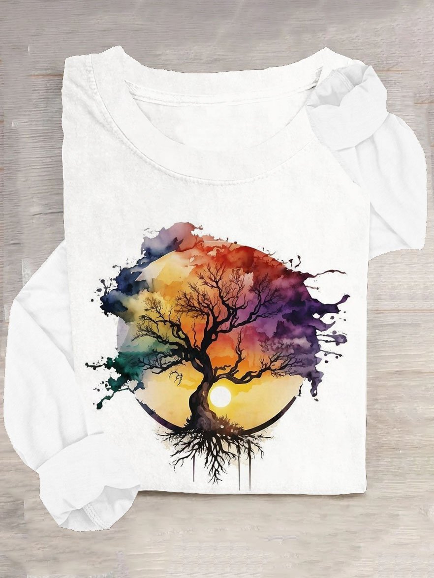 Loose Cotton-Blend Tree Casual T-Shirt