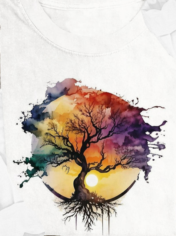 Loose Cotton-Blend Tree Casual T-Shirt