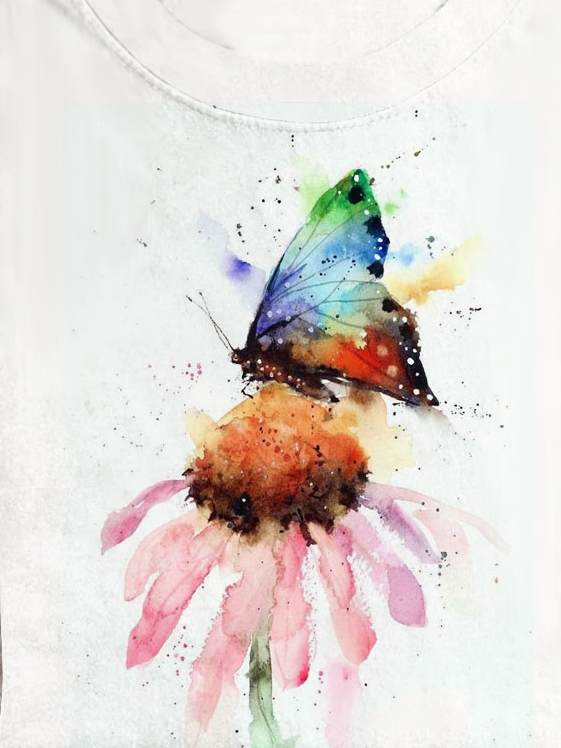 Butterfly With Floral Printed Casual Cotton-Blend Loose T-Shirt