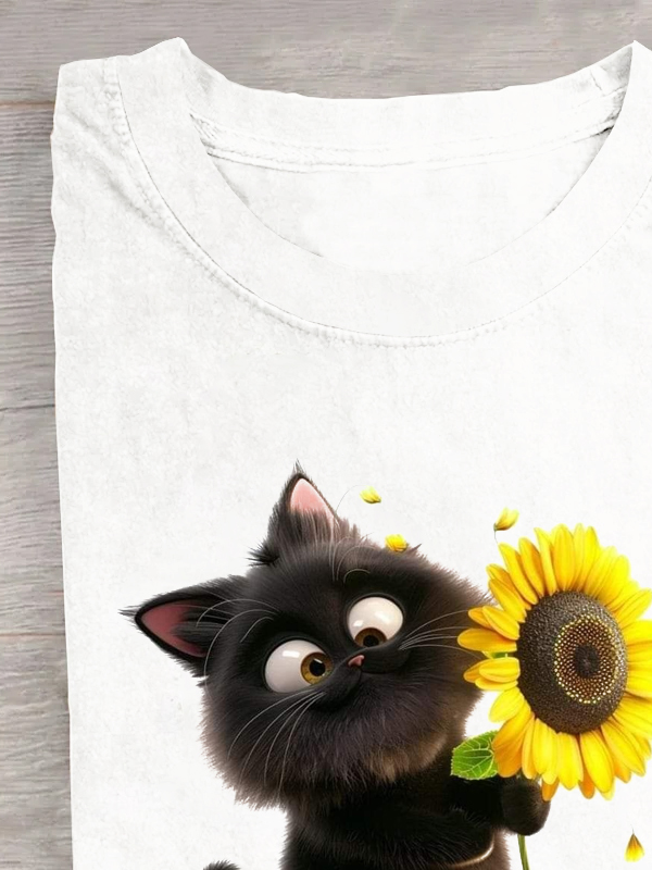 Loose Casual Cat Crew Neck T-Shirt