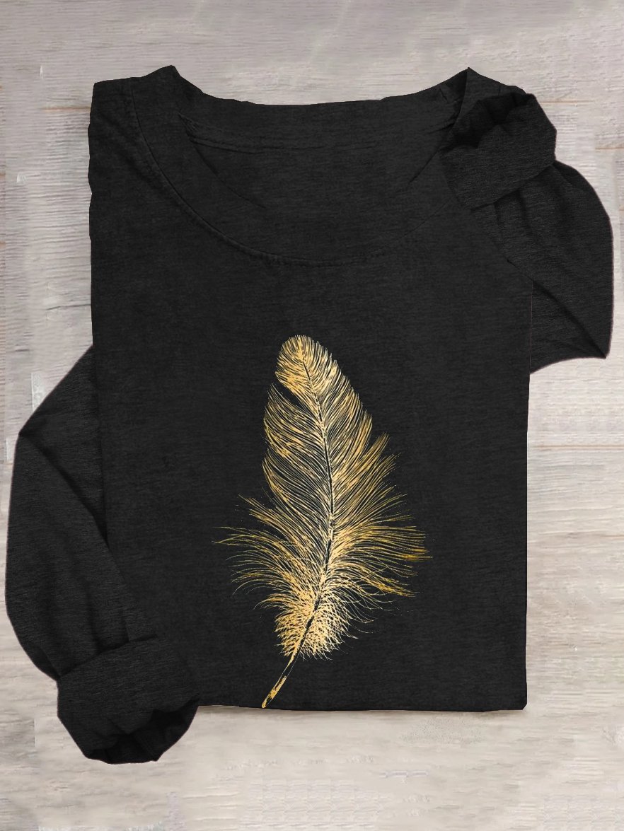 Feather Cotton-Blend Casual Loose T-Shirt