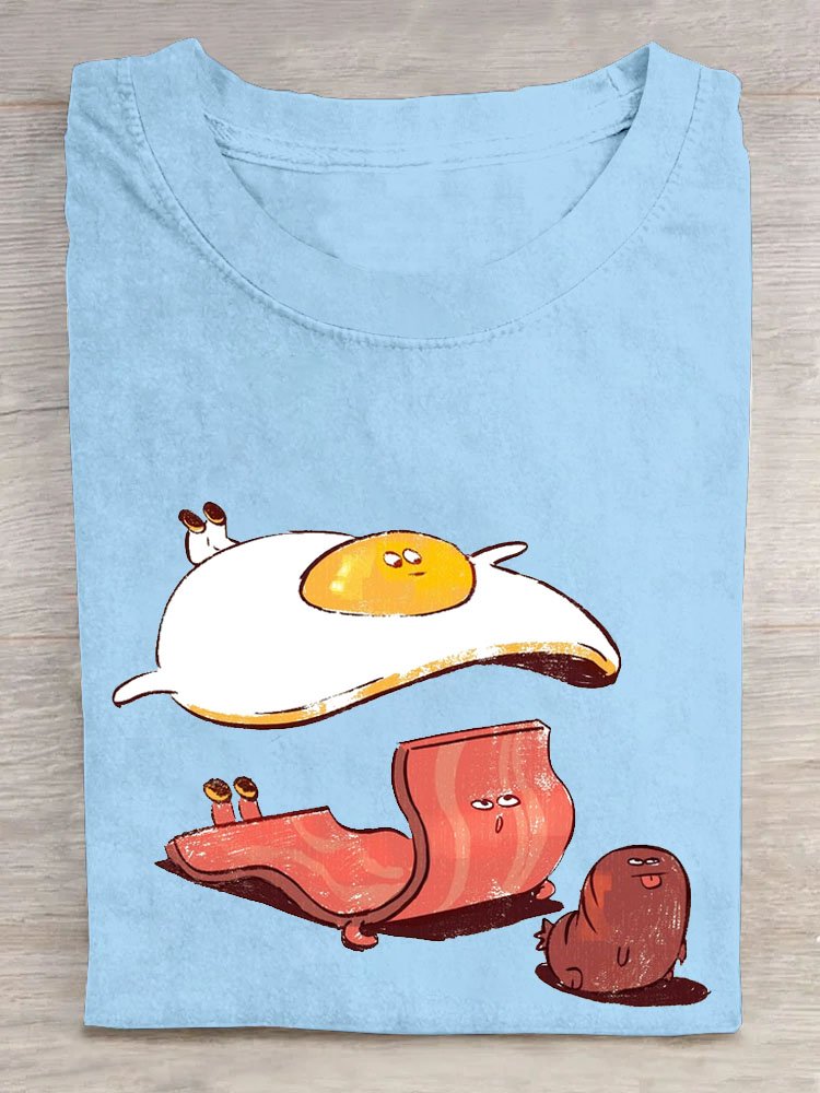 Funny Egg Bacon Printed Casual Cotton Crew Neck T-Shirt