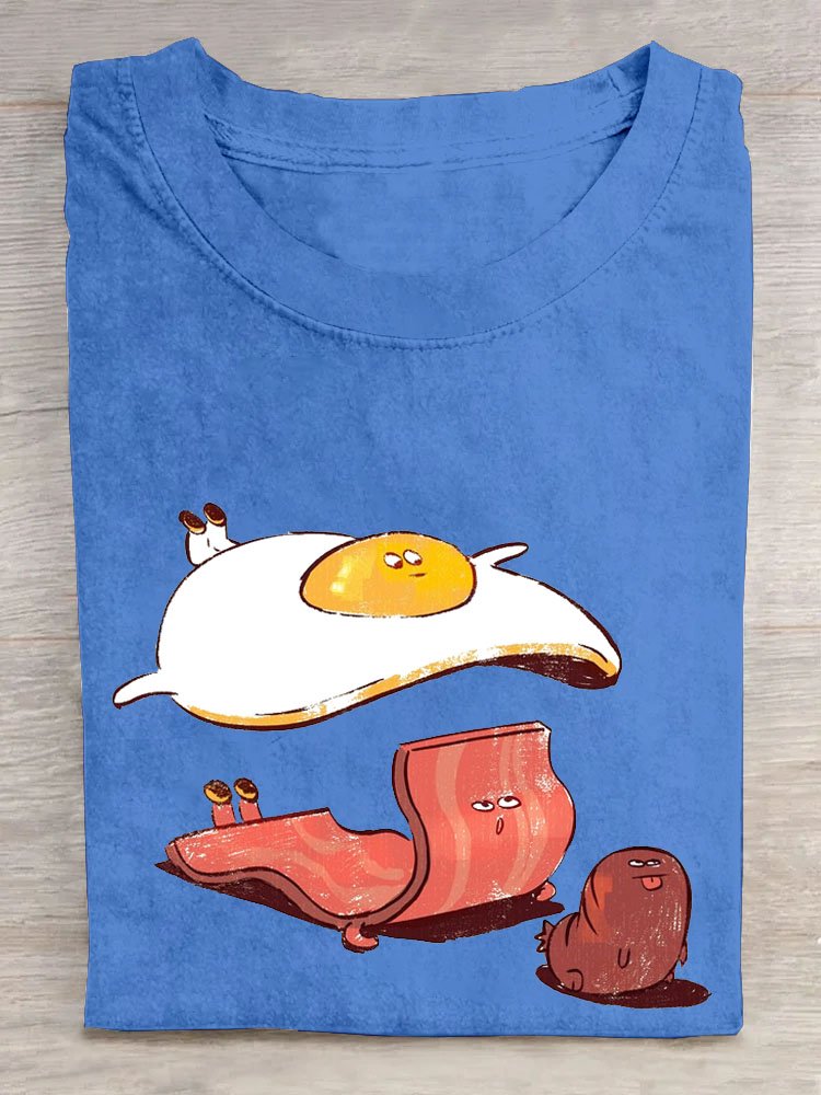 Funny Egg Bacon Printed Casual Cotton Crew Neck T-Shirt