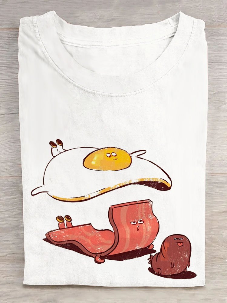 Funny Egg Bacon Printed Casual Cotton Crew Neck T-Shirt