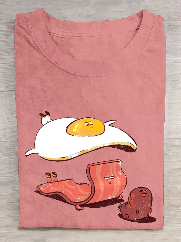 Funny Egg Bacon Printed Casual Cotton Crew Neck T-Shirt