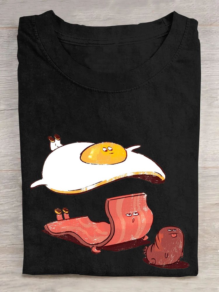 Funny Egg Bacon Printed Casual Cotton Crew Neck T-Shirt