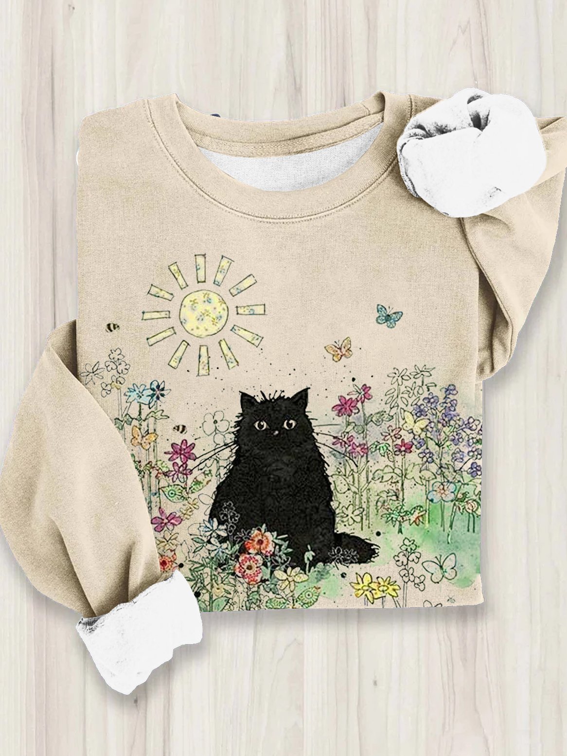 Cotton Crew Neck Cat Casual Sweatshirt