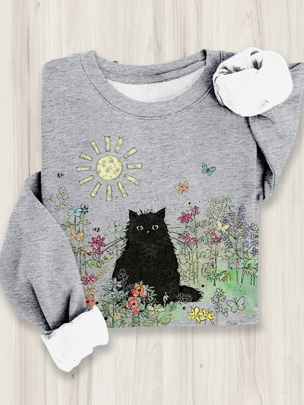 Cotton Crew Neck Cat Casual Sweatshirt