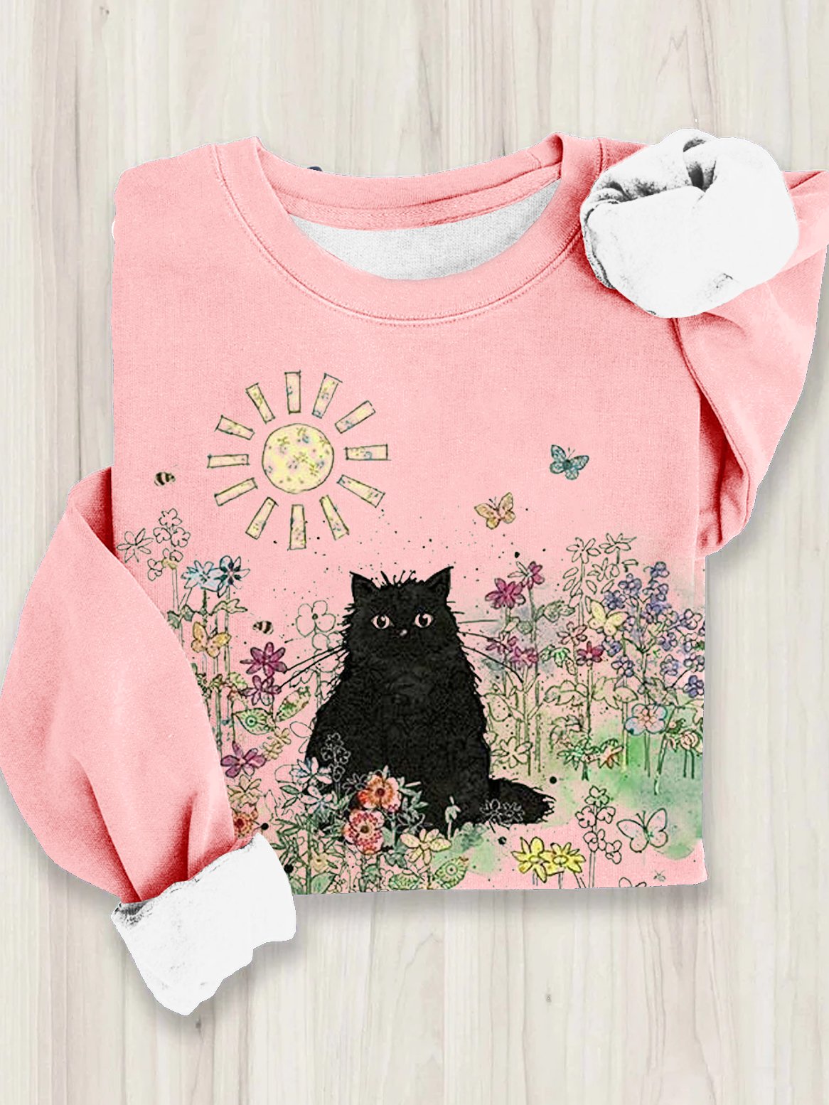 Cotton Crew Neck Cat Casual Sweatshirt