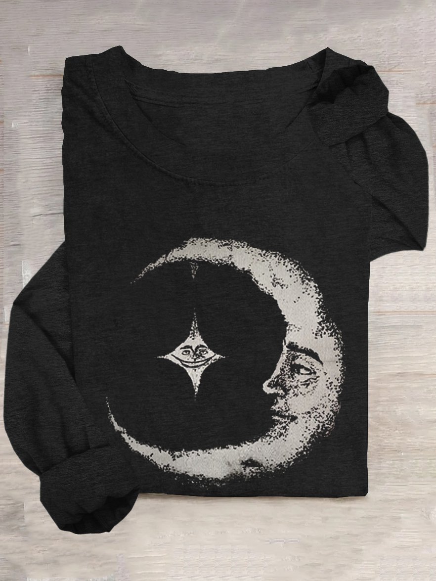 Loose Casual Crew Neck Moon T-Shirt