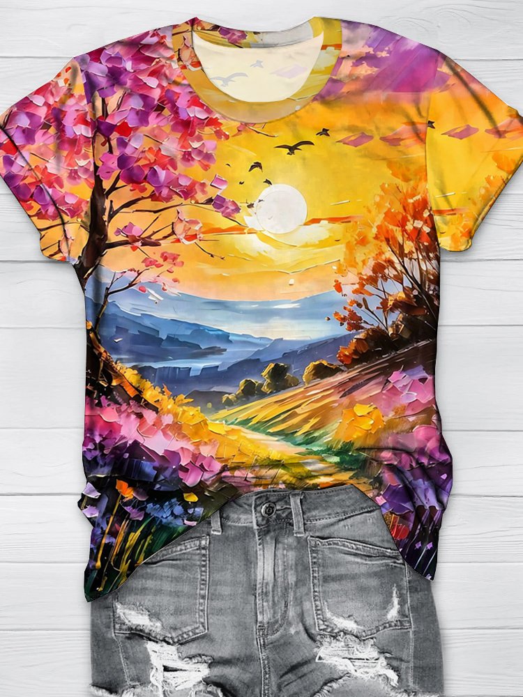 Landscape Print Loose Crew Neck Casual T-Shirt