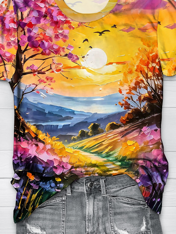 Landscape Print Loose Crew Neck Casual T-Shirt