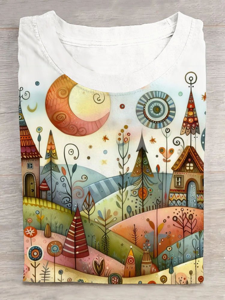 Landscape printed round neck short sleeved casual T-shirt