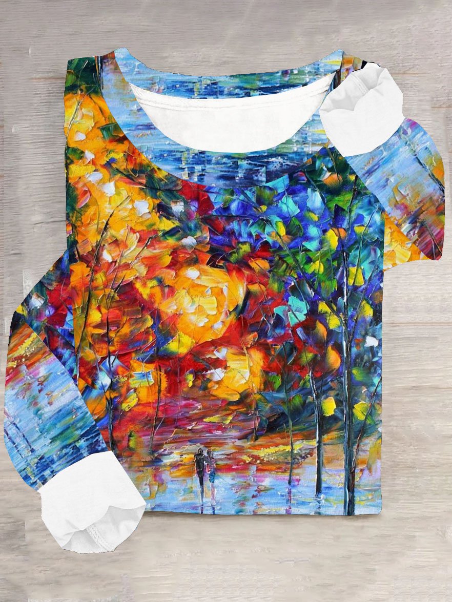 Abstract printed round neck long sleeved T-shirt