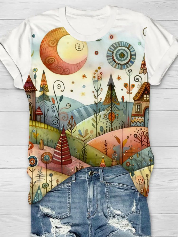 Landscape printed round neck short sleeved casual T-shirt