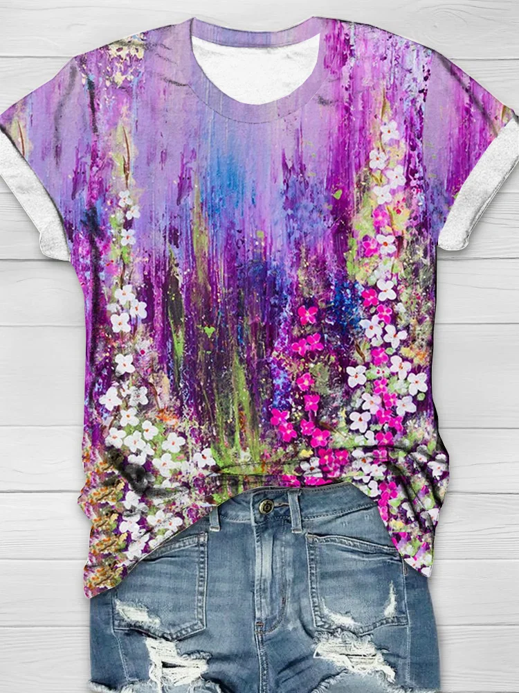 Casual Loose Crew Neck Floral T-Shirt