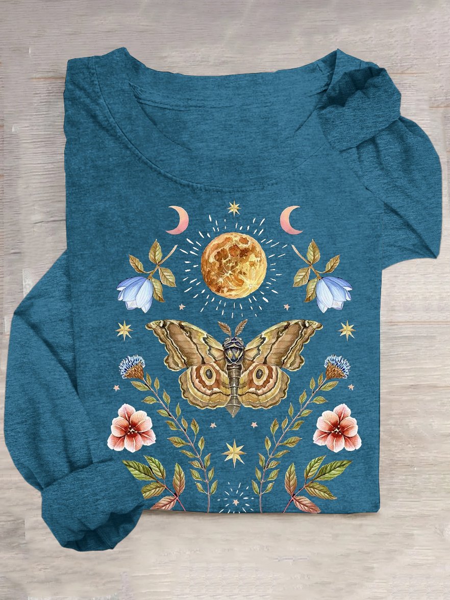 Loose Casual Floral Butterfly Cotton-Blend T-Shirt