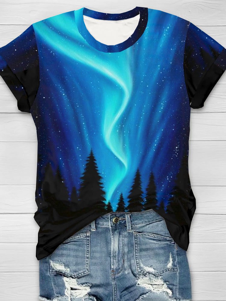 Aurora Natural Landscape Printed Round Neck Casual Short Sleeve T-shirt