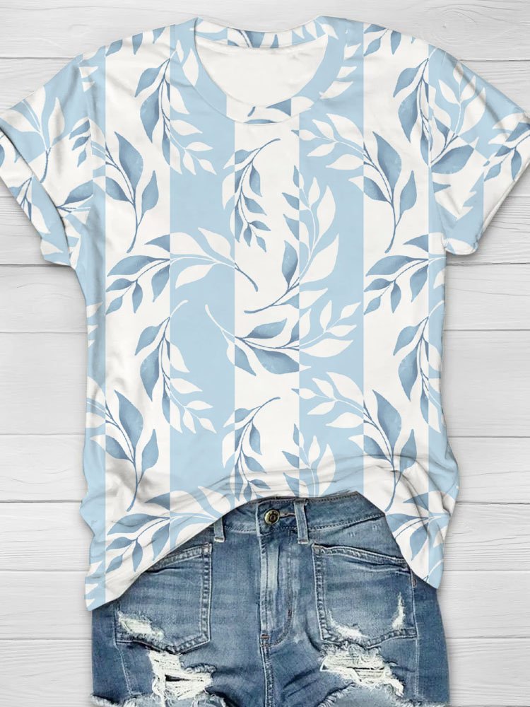 Blue leaf print round neck casual short sleeved T-shirt