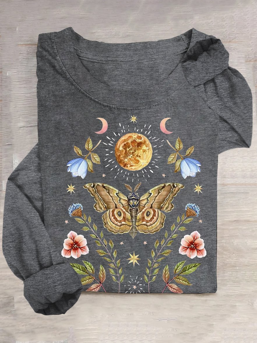 Loose Casual Floral Butterfly Cotton-Blend T-Shirt