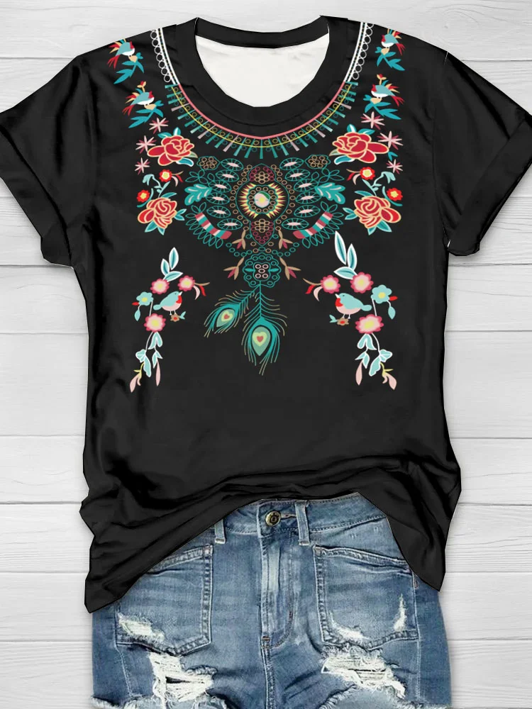 Ethnic pattern printed round neck casual short sleeved T-shirt