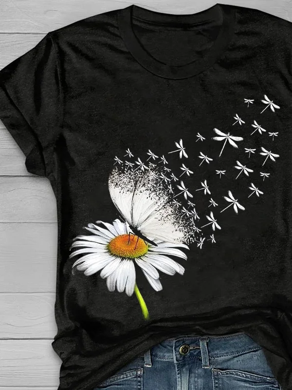 Floral print round neck short sleeved T-shirt